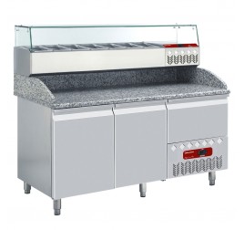 160 cm-es Diamond  hűtött pizzaelőkészítő asztal 2 ajtóval és 1 fiókkal, GN 1/4 osztású feltéthűtővel